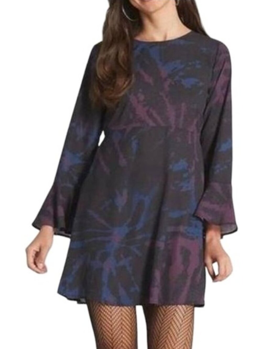 Modcloth Multicolor Long Bell Sleeve Flare Dress Size Large